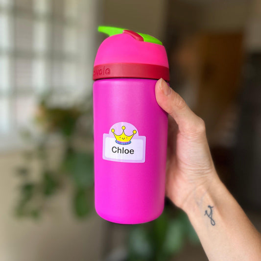 Pink water bottle with a personalized Cherry Tags name label reading Chloe